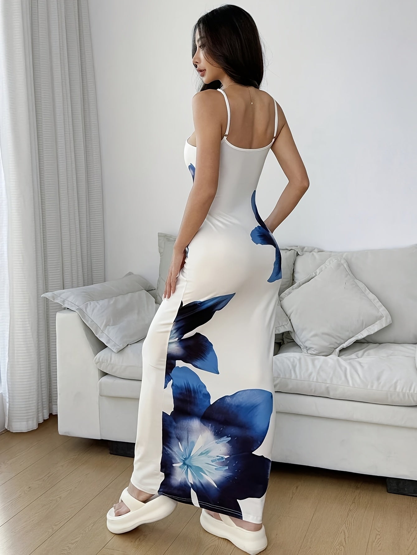 Print Long Cami Dress for Women - Stretchy Polyester Blend, Sleeveless Bodycon with Vibrant Orange & Red Flower Design, Machine Washable, Summer Fashion, Summer Evening Wear | Fitted Silhouette | Smooth Glossy Fabric
