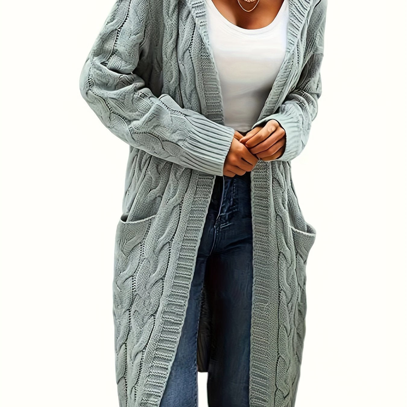 [Open Front] Women's Casual Cardigan - Black Cable Knit, Long Sleeve, Open Front with Pockets - Relaxed Fit for Fall/Winter