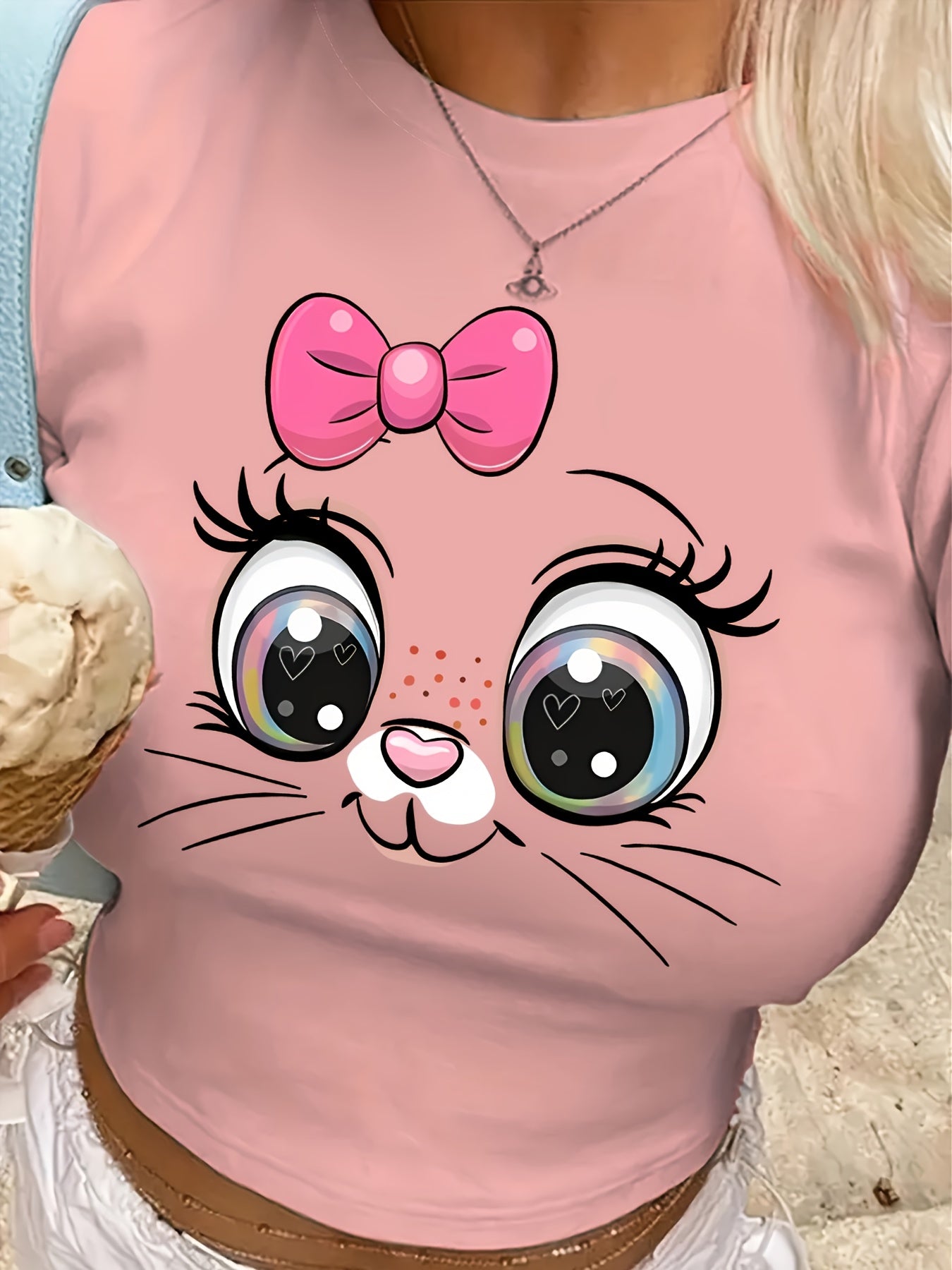 Cartoon Rabbit Graphic Print Cropped Top T-Shirt - Y2K Round Neck Fitted Cropped T-Shirt Made of a Polyester And Spandex Blend (95% Polyester, 5% Spandex) for Spring And Summer.