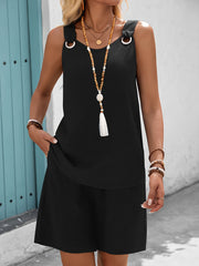 Women’s Elegant Sleeveless Top & Shorts Set – Solid Color, Lightweight Polyester with Double Pocket Design, Vacation-Ready Style