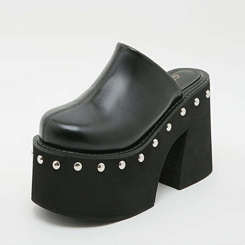 Women's Black Platform Wedge Sandals with Metallic Studs, Round Toe Slip-On High Heels - Stylish Summer Fashion Shoes for Parties and Events