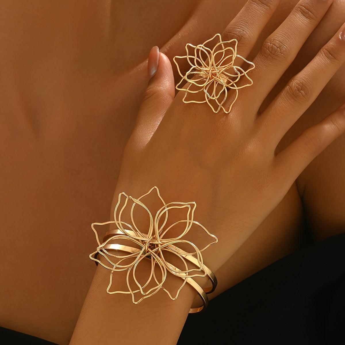 2pcs Women's Jewelry Set Spring/Summer Vintage Elegant Hollow Flower Open Bracelet Ring Daily Gift Ornament