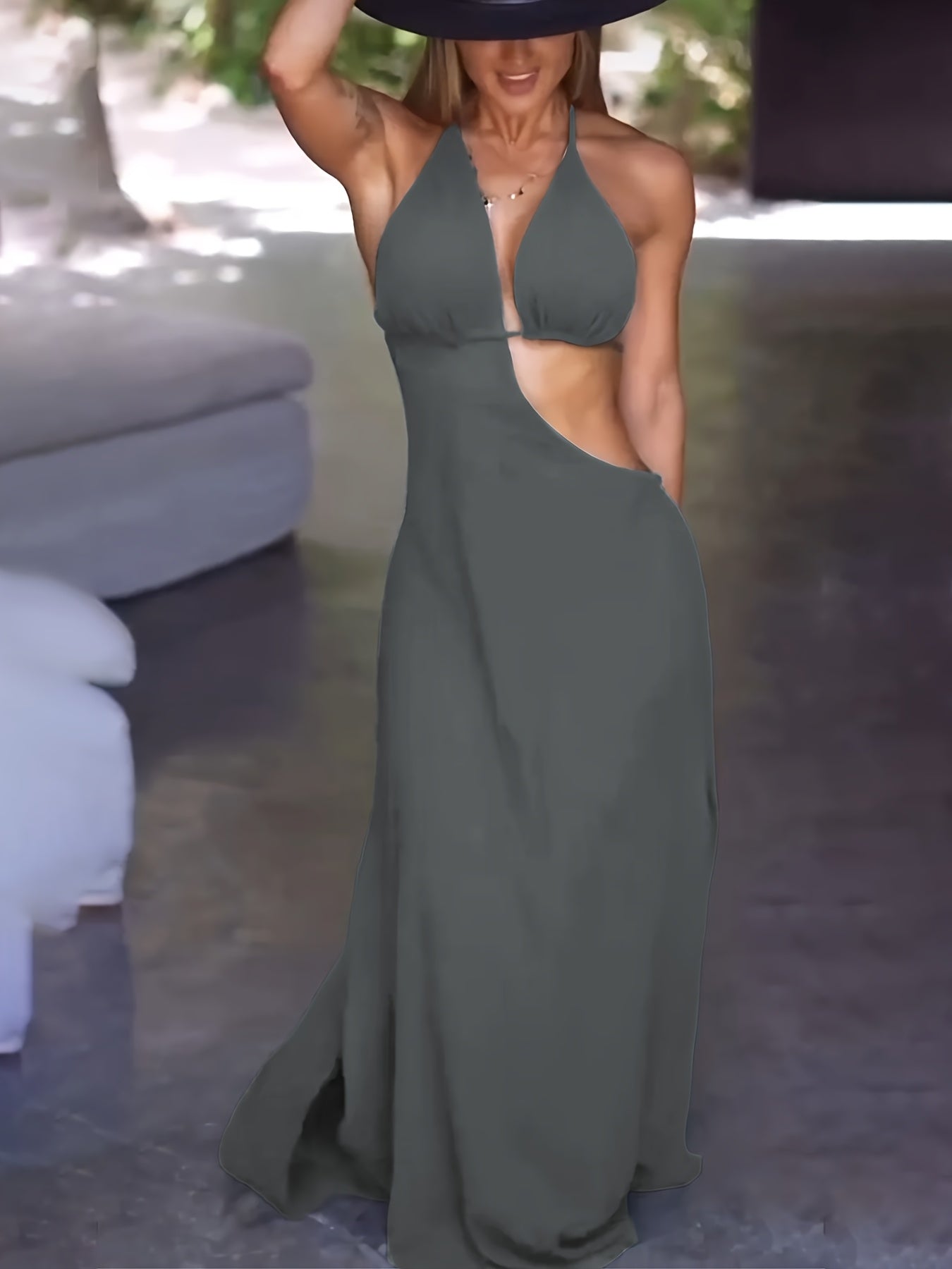 Women's Sexy Halter Neck Backless Evening Dress - Form-Fitting Top & Flowy Skirt, Solid Color, Machine Washable, All-Season Party & Formal Wear, Medium Elasticity Fabric
