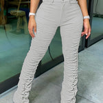 Solid High Waist Long Length Pants, Casual Stretchy Pleated All Seasons Pants, Women's Clothing