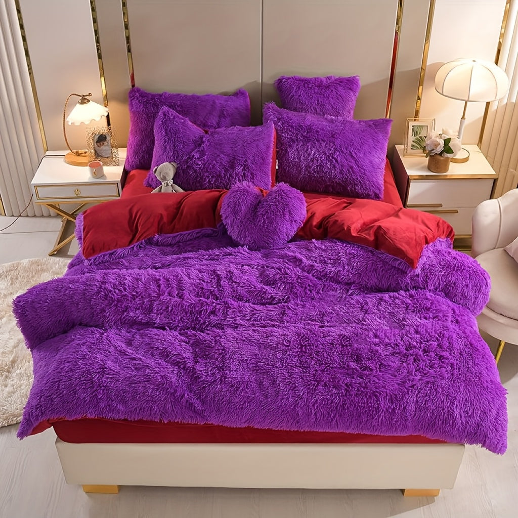 4pcs Queen/King Size Comforter Set | Fluffy Plush Velvet Bed Comforter Sets (1 Duvet+2 Pillowcases+Sheet) | Ultra Soft Thermal All-Season Luxury Bedding for Bedroom, Dorm & Guest Rooms | Queen Size Comforter Set & King Size B