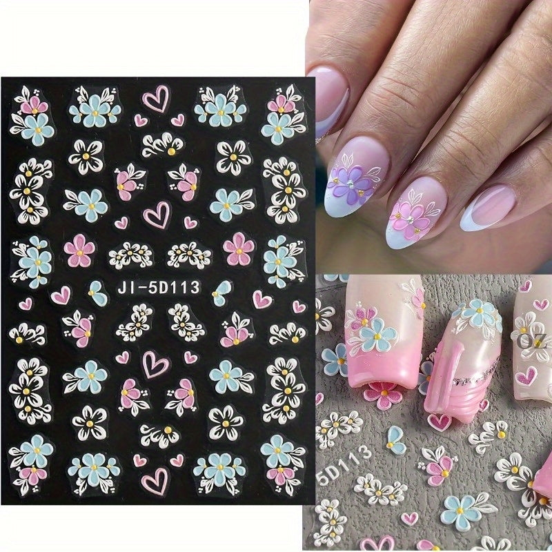 2sheets 5D Embossed Flower Nail Stickers Pink Blue Petals Butterfly French Line Acrylic Spring Summer Floral Slider Nail Decor Nail Art Supplies