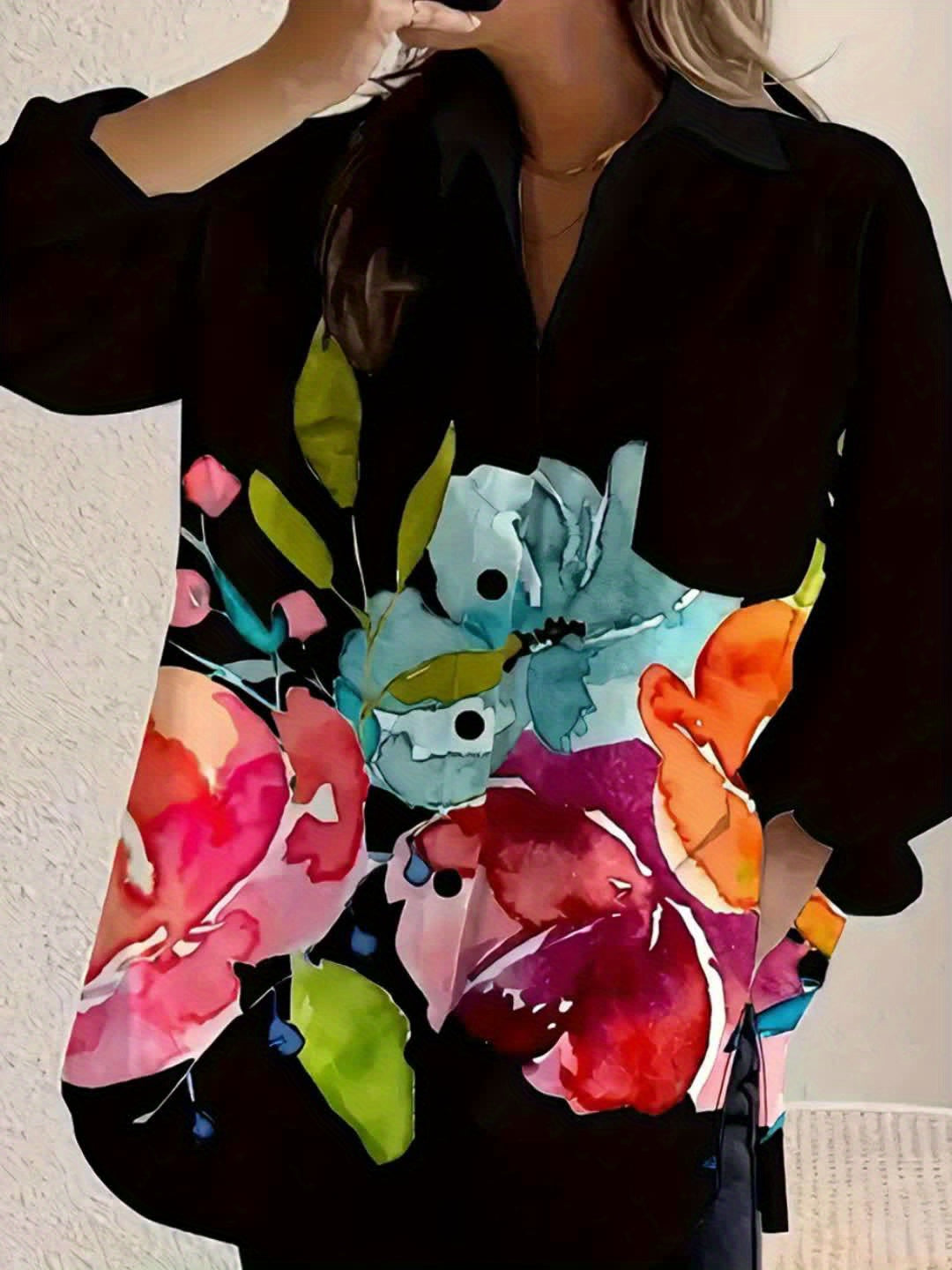 Plus Size Women's Floral Print Button-Up Casual Shirt, Vibrant Red & Pink Flowers on Navy Blue, Lightweight & Breathable for Spring & Summer, Hand Wash Only, Classic Collar Design, Spring Summer Top | Classic Collar Shirt | H