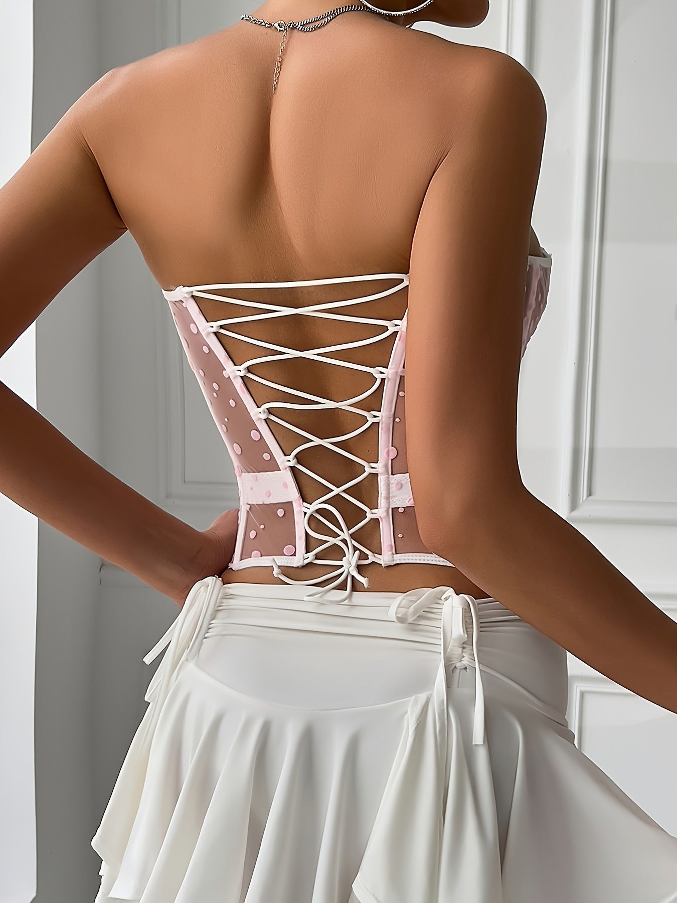 Sexy Women's Off-Shoulder Fishbone Corset Top - Pink Lace & Semi-Sheer Stretchy Bustier with Cinching Waist, All-Season Bodycon Crop Top for Casual to Evening Wear, Date Night Attire | Elegant Bustier | Semisheer Material