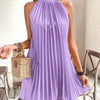 Women's Elegant Halter Neck A-Line Dress with Pleated Detail - Machine Washable Solid Color All-Season Casual to Formal Wear, Versatile Fashion, Smooth Texture Fabric