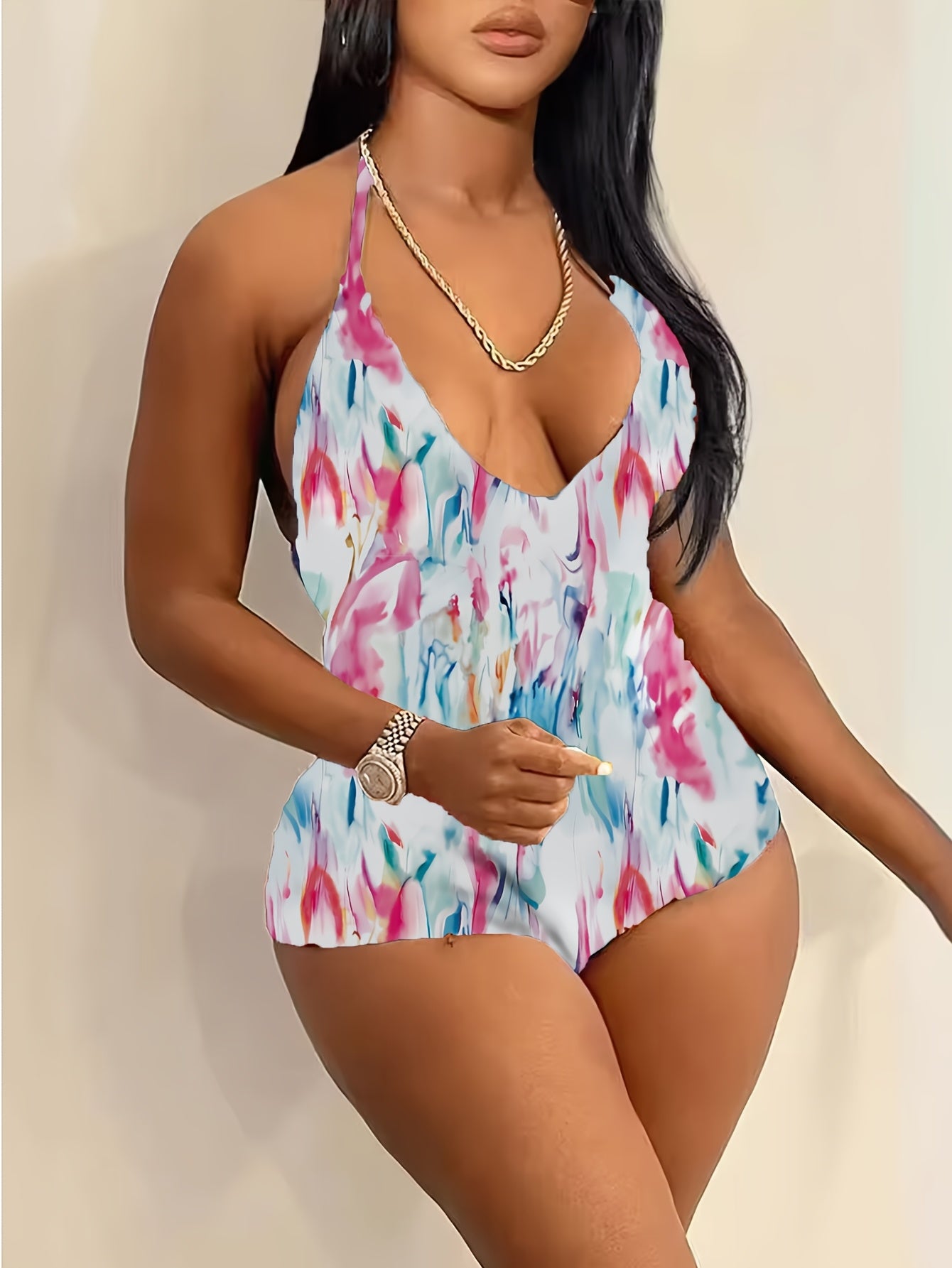 Women's Slimming V-Neck Cami Romper - Colorful Striped Print, Backless Design, Perfect for Beach & Casual Outings, Beach Attire | Slim Fit | Knit Construction
