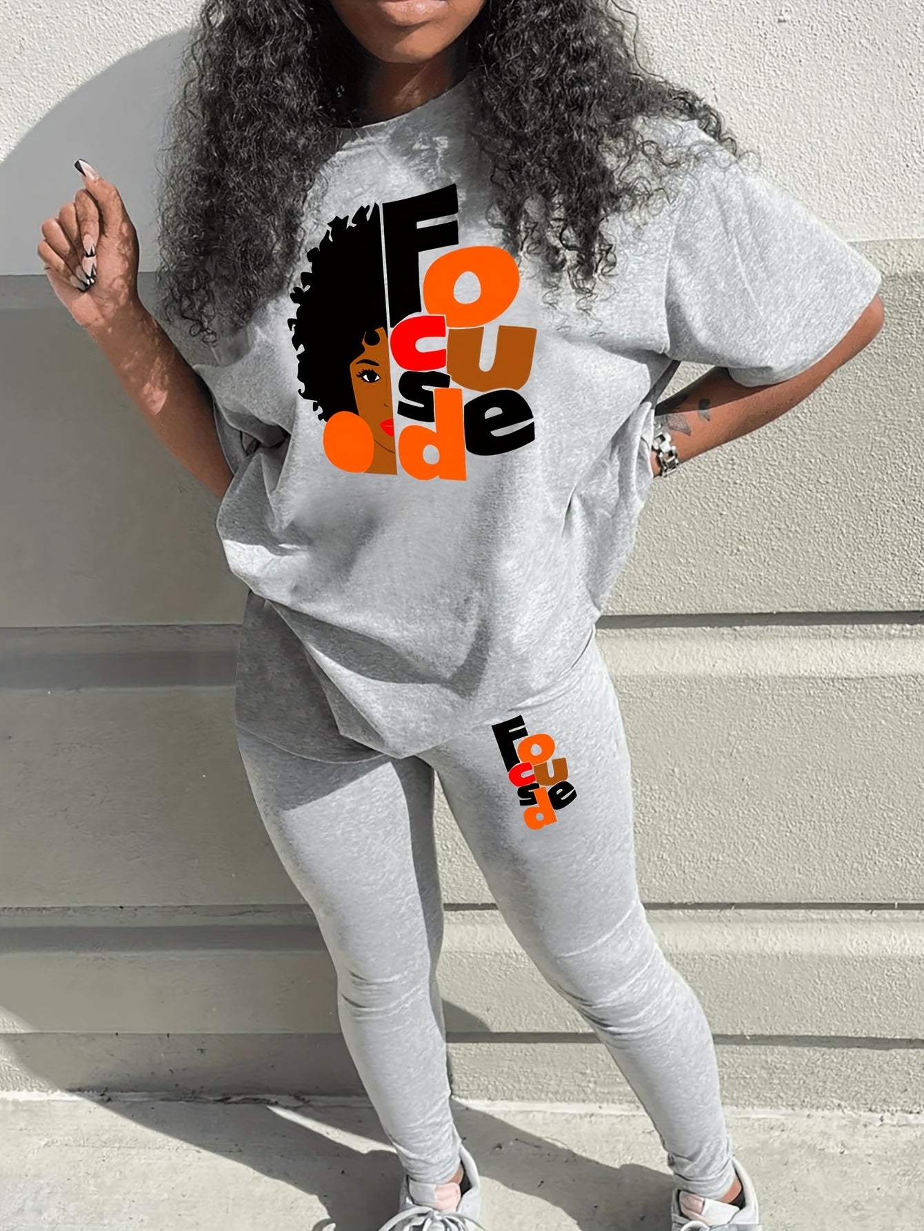graphic print two piece set, short sleeves & pants, Women's clothing