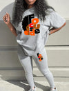graphic print two piece set, short sleeves & pants, Women's clothing