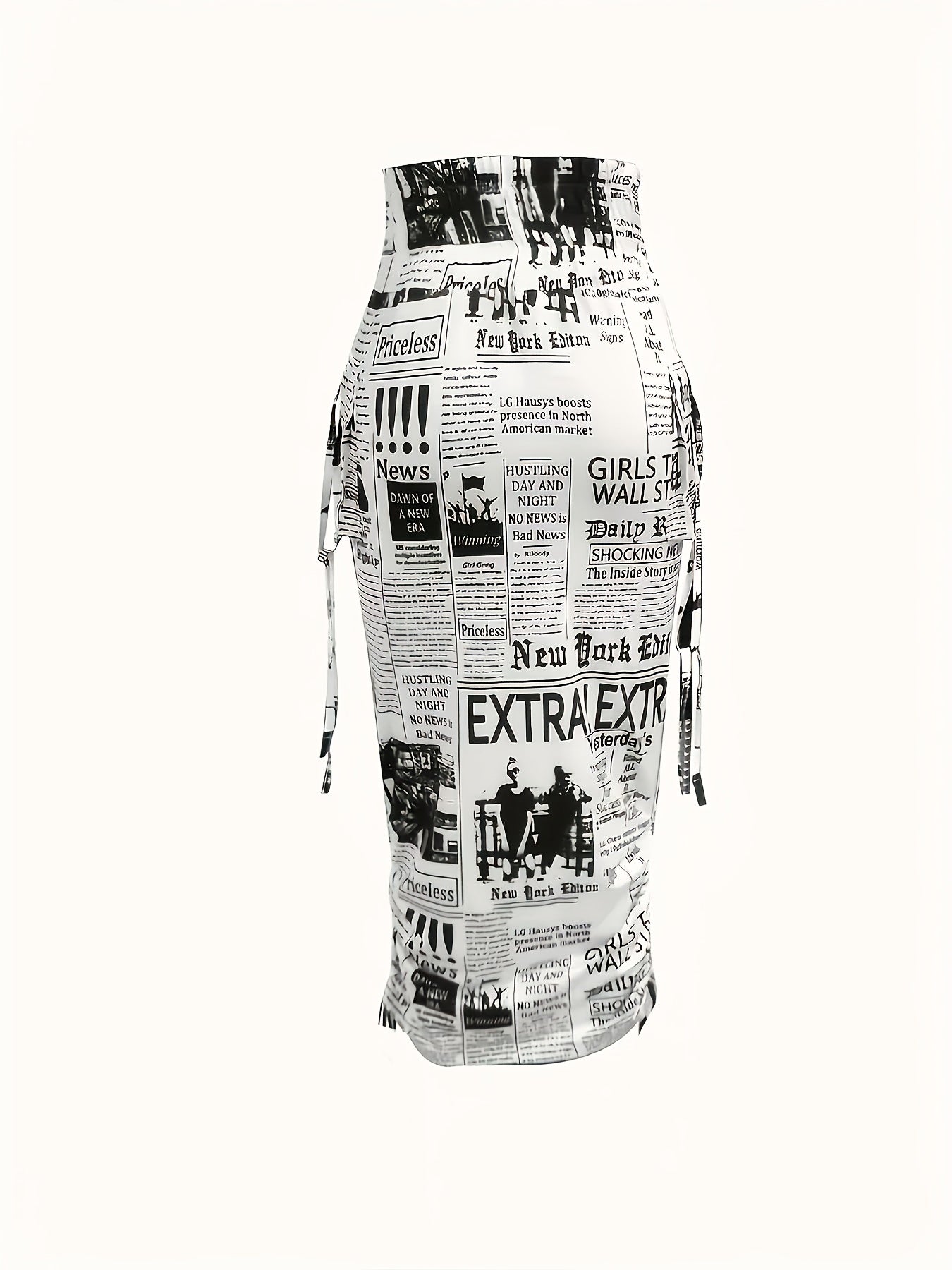 Vibrant Newspaper Print High Waist Bodycon Skirt - Drawstring Waist, Casual Chic, Comfortable Wear, Women's Fashion Clothing for Daily Life, Perfect for Work, Date, or Leisure Activities