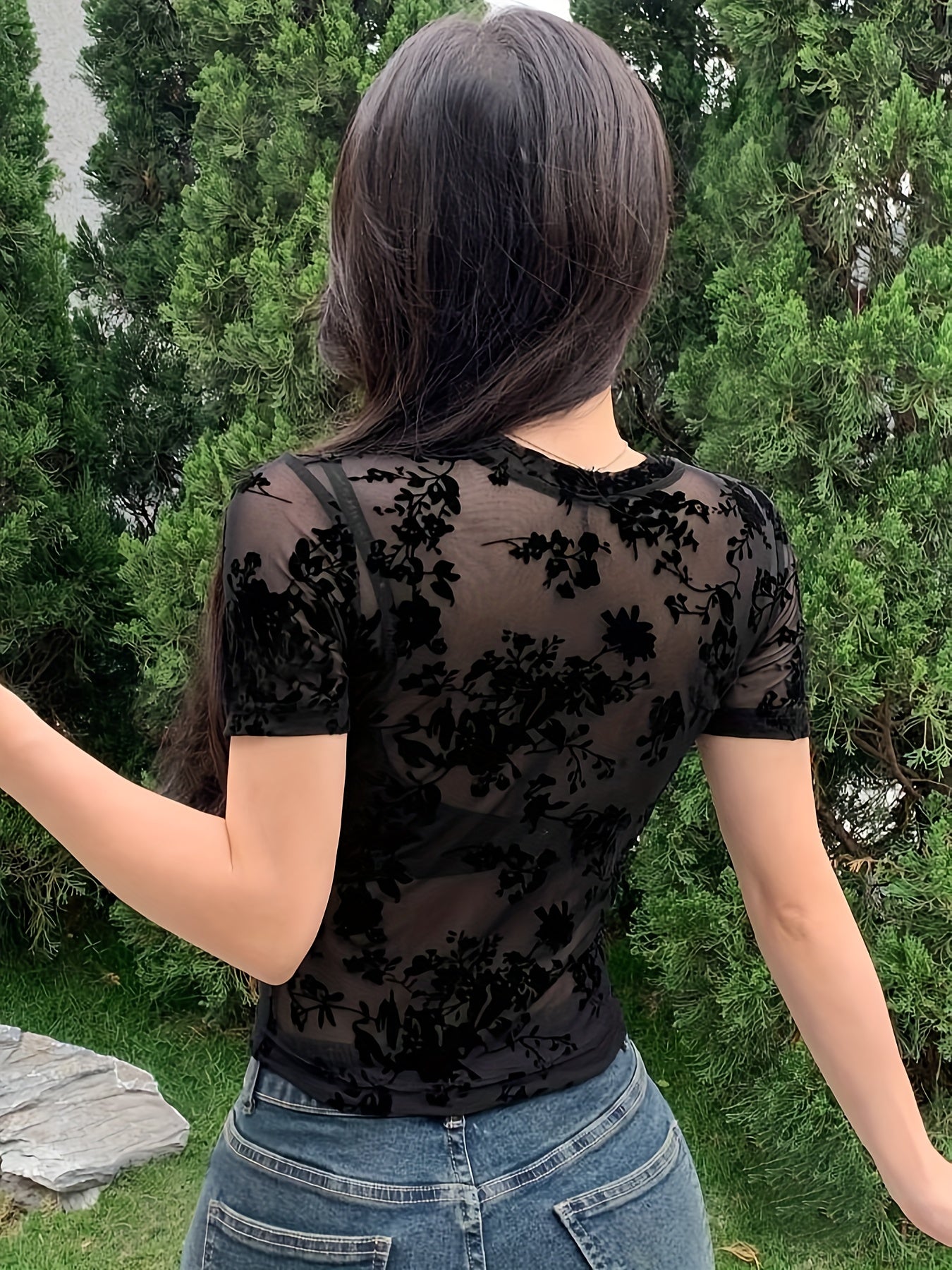 Floral Print Short Sleeve Crop T-shirt, Sexy Semi-sheer Solid Color Crew Neck Top For Spring & Summer, Women's Clothing