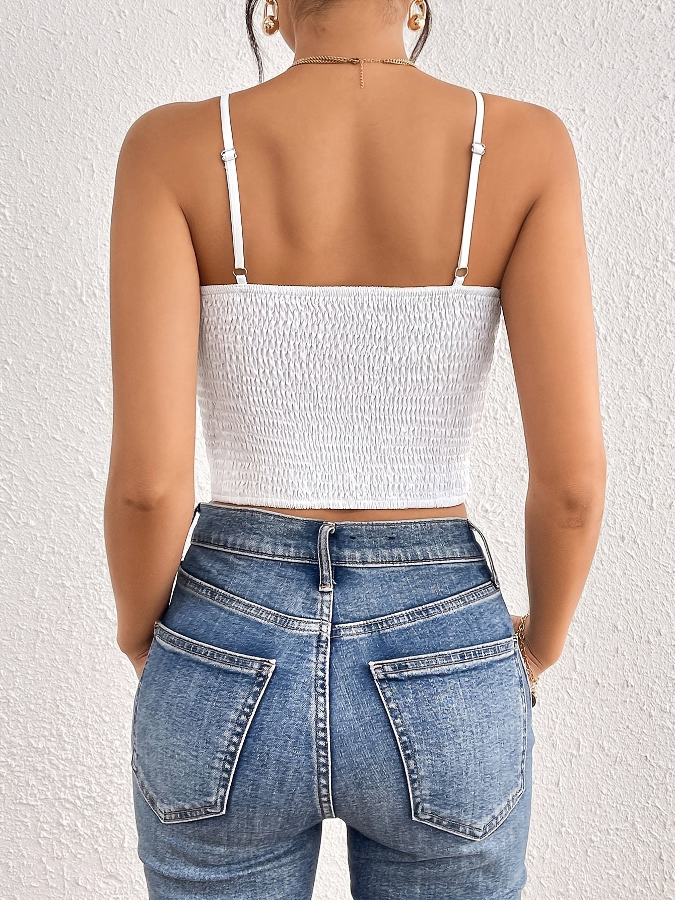 Women'S Fashionable Strapless White Crop Top with Button Details - Sexy Spaghetti Strap Design, All-Season Solid Color, Perfect for Casual or Formal Attire, Casual Attire Top|Sophisticated Style|Sleek Fit Top