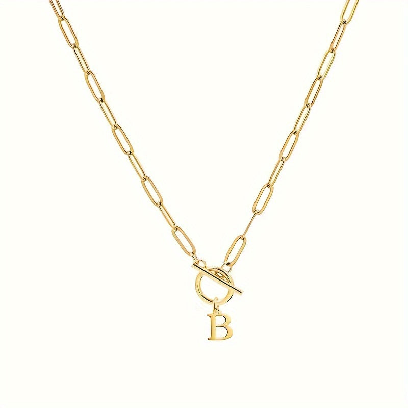 Personalized Initial Letter Necklace – 18K Gold Plated Stainless Steel Capital Letter Pendant with Rectangular Paperclip Chain – Elegant & Cute Gift for Her