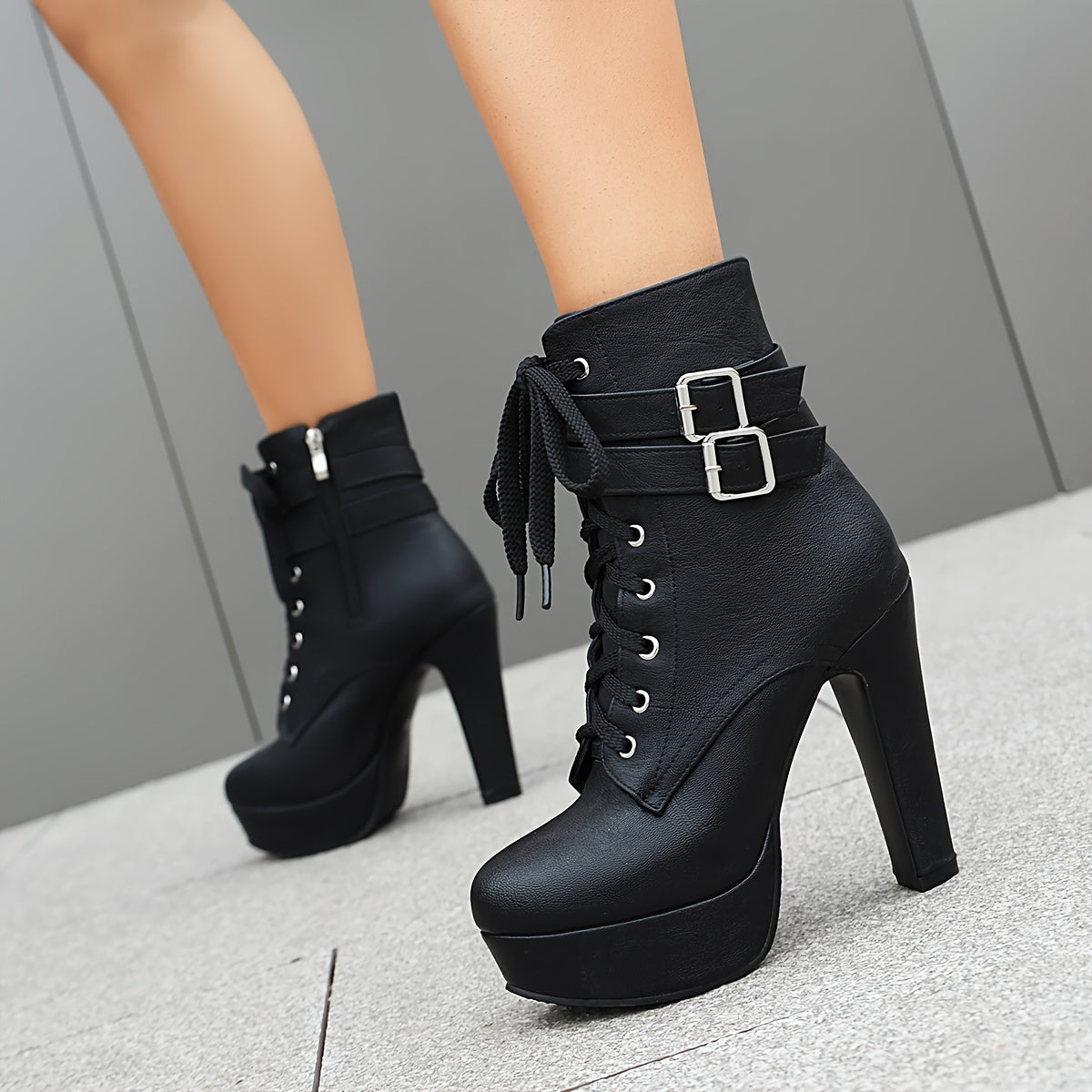 Women's Fashion Chunky Heel Ankle Boots, Autumn & Winter Round Toe High Platform, Side Zipper Lace-up With Metallic Buckle, Comfortable Booties