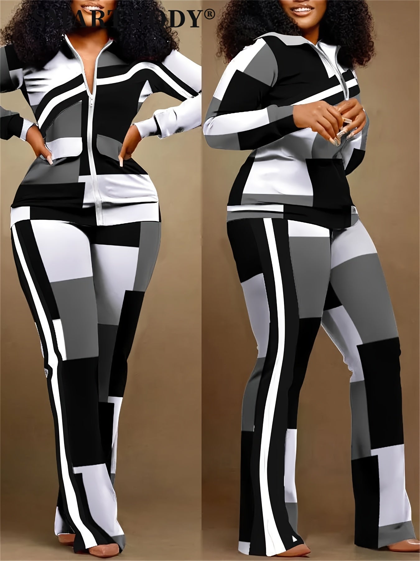 Chic Geo Print Casual Two-piece Tracksuit Set, Women Zip Up Long Sleeve Tops Jacket & Long Flare Pants Outfits, Geometric Plaid Patchwork Matching 2pcs Casual Sweatsuits, Color Block Zipper Jackets And Wide Leg Jogger, Women'