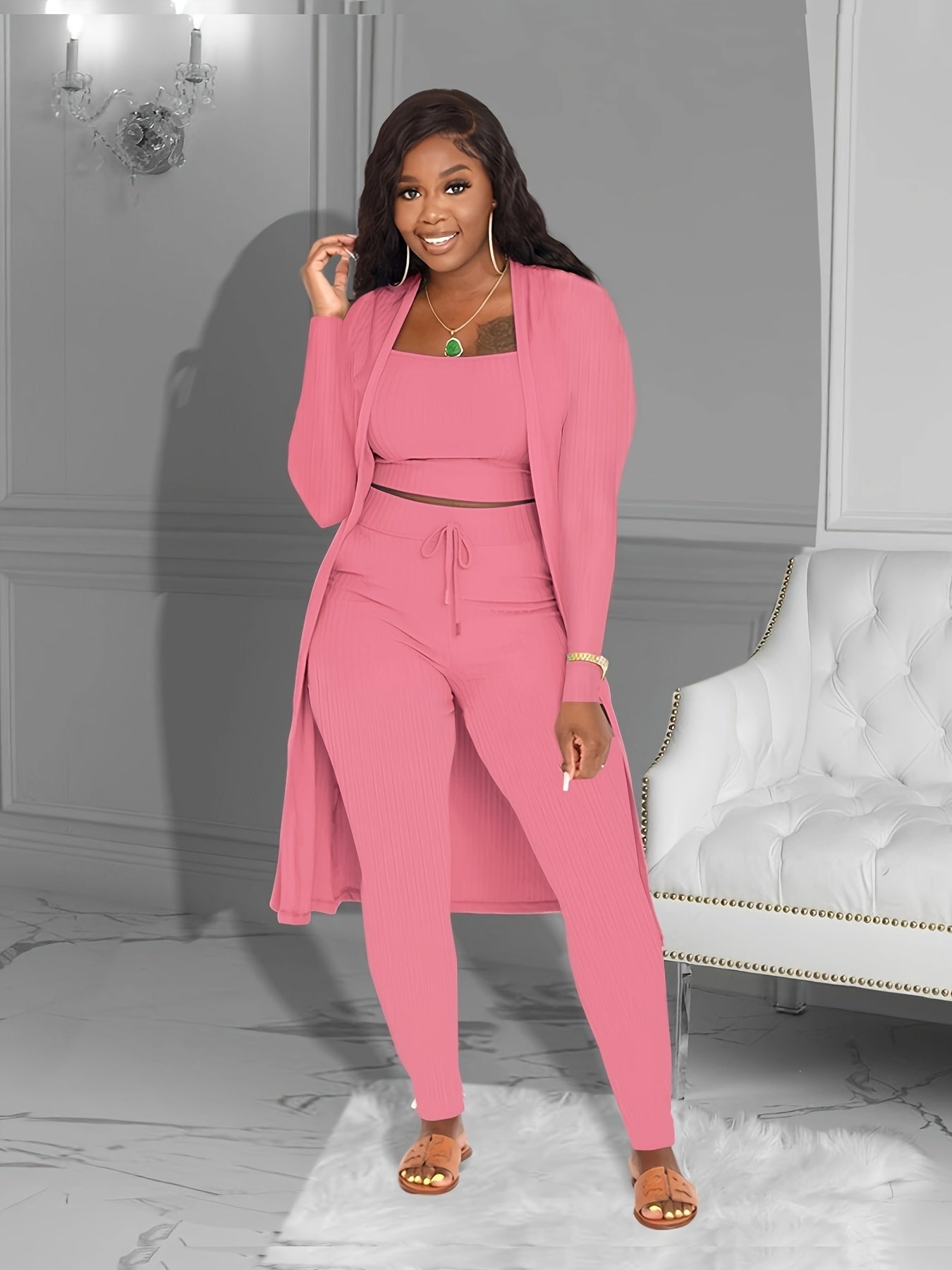 Three-piece Set of Ribbed Solid Casual Outfits, Open Front Long Sleeve Cardigan & Tank Top & Lace Up Pants, Women's Clothing