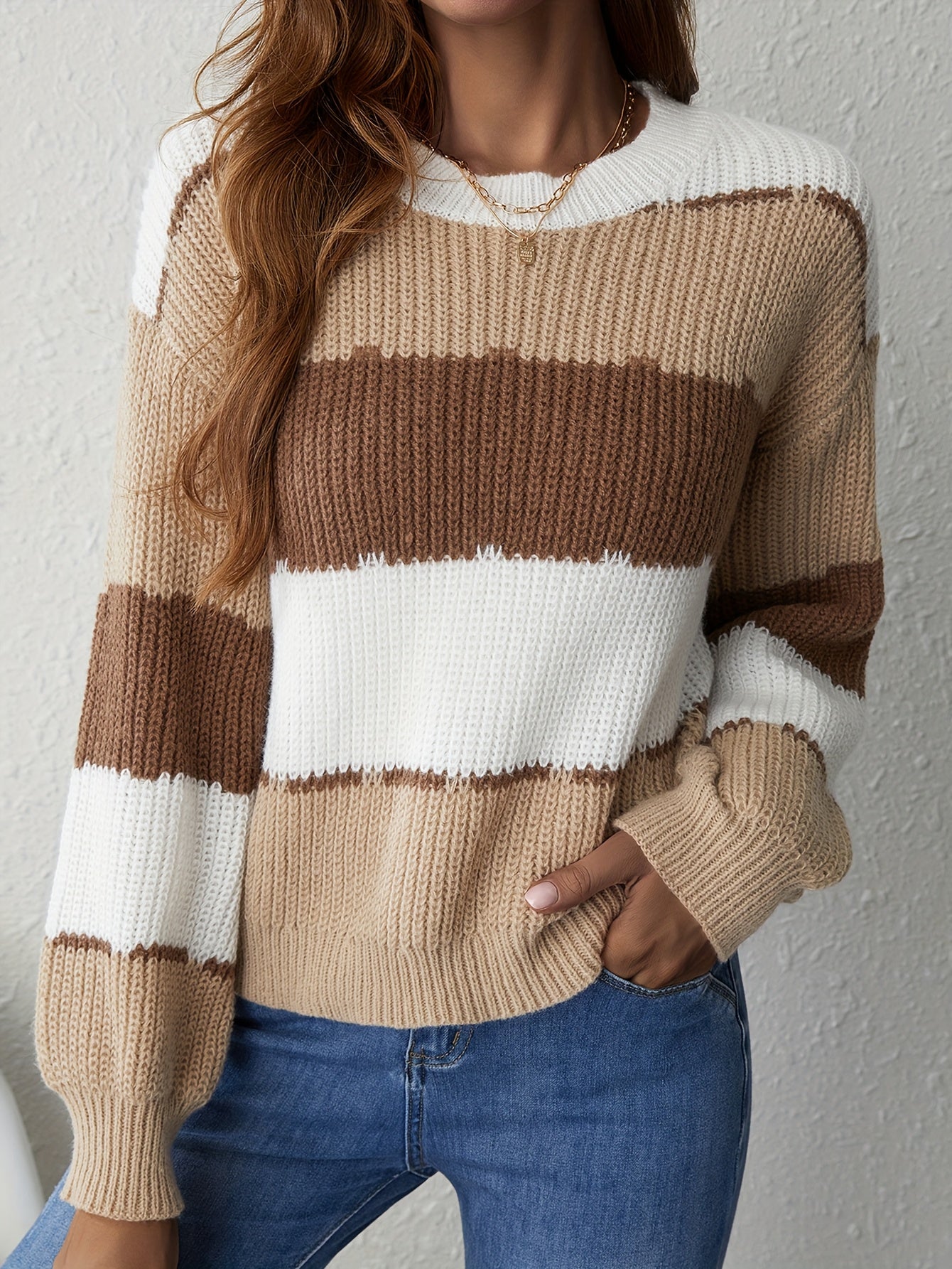 Elegant Color Block Knit Sweater – Women’s Long Sleeve Crew Neck Pullover, Soft Micro-Stretch Polyester, Stylish Patchwork Design for Fall & Winter