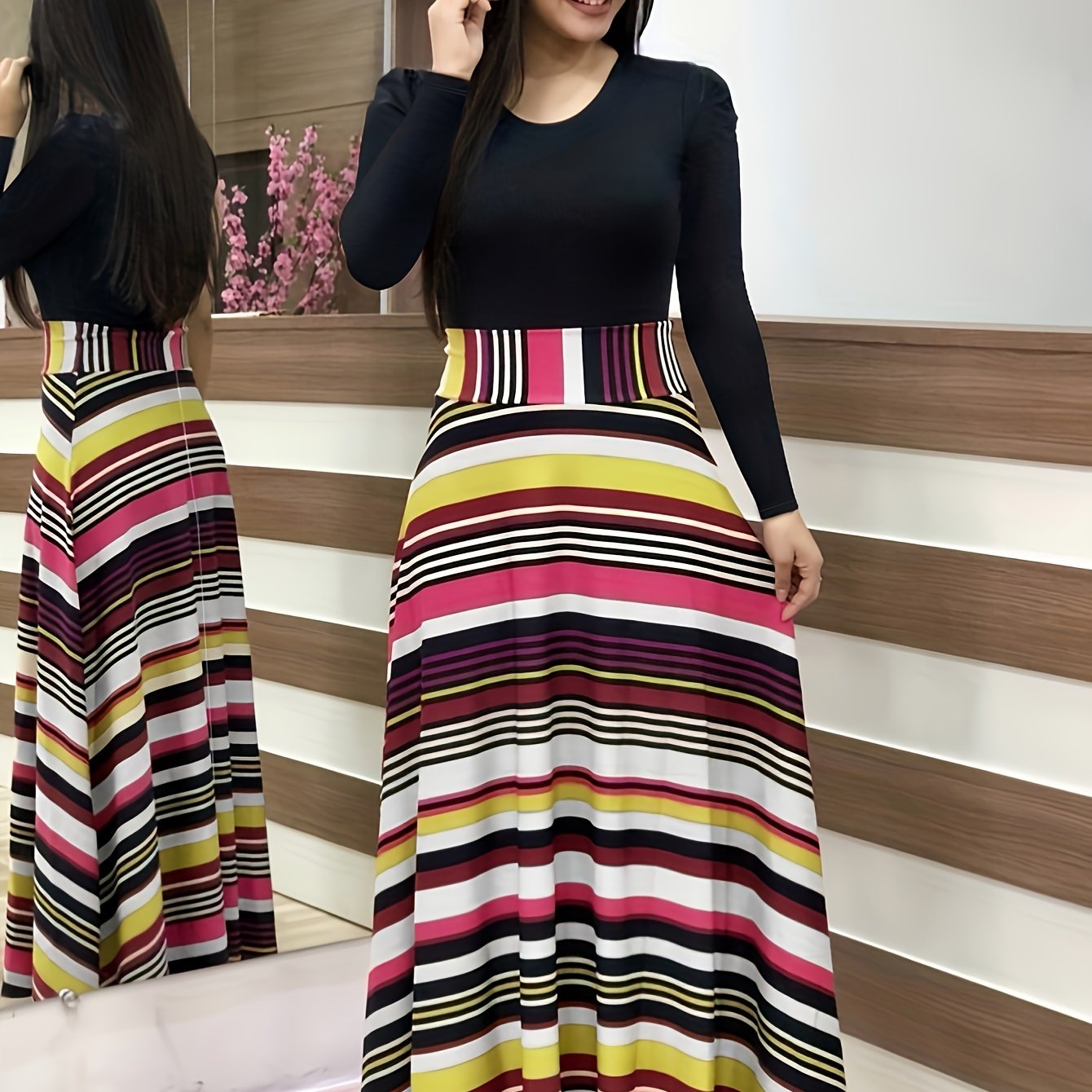 Stunning Floral Print Maxi Dress - Women's Elegant Long Sleeve Crew Neck Splicing Dress for Spring & Fall - Perfect for Various Occasions