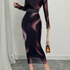 Elegant Geometric Print Chiffon Maxi Dress for Women - Long Sleeve, Stand Collar, Polyester Blend, All-Season Wear, Perfect for Adult, Elegant Attire|Geometric Pattern|Polyester Blend