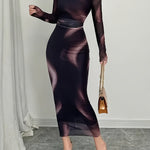 Elegant Geometric Print Chiffon Maxi Dress for Women - Long Sleeve, Stand Collar, Polyester Blend, All-Season Wear, Perfect for Adult, Elegant Attire|Geometric Pattern|Polyester Blend