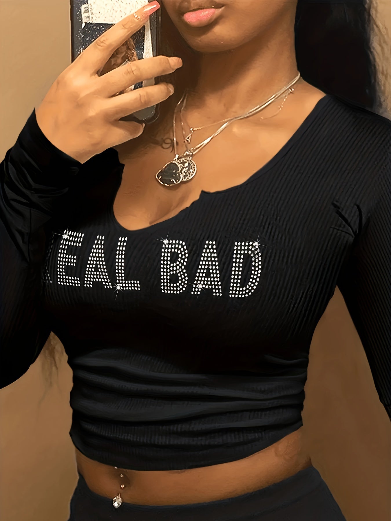 Letter Rhinestone Notched Neck Knitted Top, Casual Long Sleeve Crop Slim Sweater, Women's Clothing