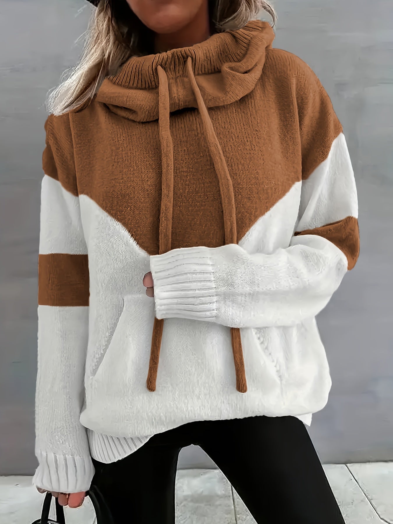 Color Block Drawstring Hooded Sweatshirt, Women's Long Sleeve Casual Pullover Sweater with Pocket