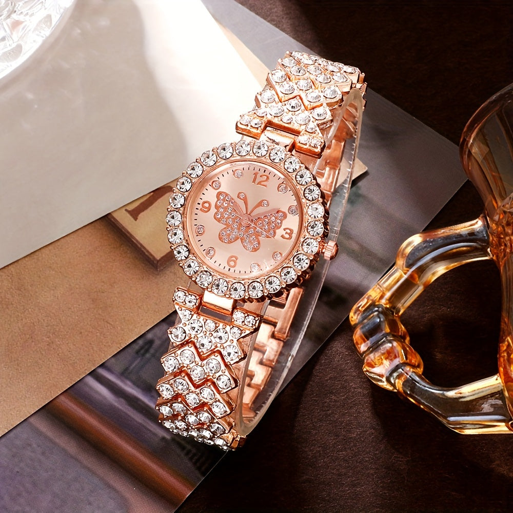 6pcs Women'S Fashion Elegant Quartz Watch, Rose Golden, Zinc Alloy Strap, Round Dial, Zinc Alloy Case, Necklace Earrings Ring Bracelet Gift Set