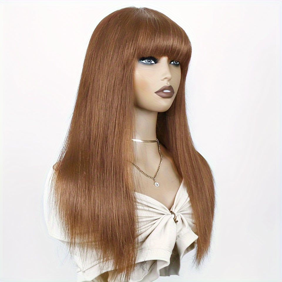 Light Brown Layer Cut Straight 13x4 Transparent Lace Front 180% Density Human Hair Wigs With Bangs For Women HDZ