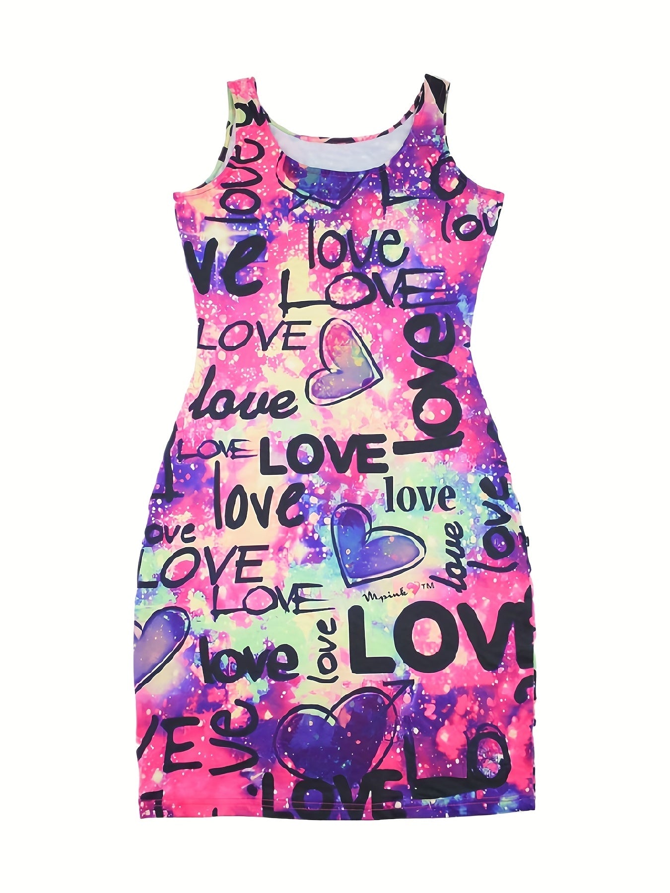 Love Letter Print Tank Dress, Casual Slim Bag Hip Random Printing Dress, Women's Clothing
