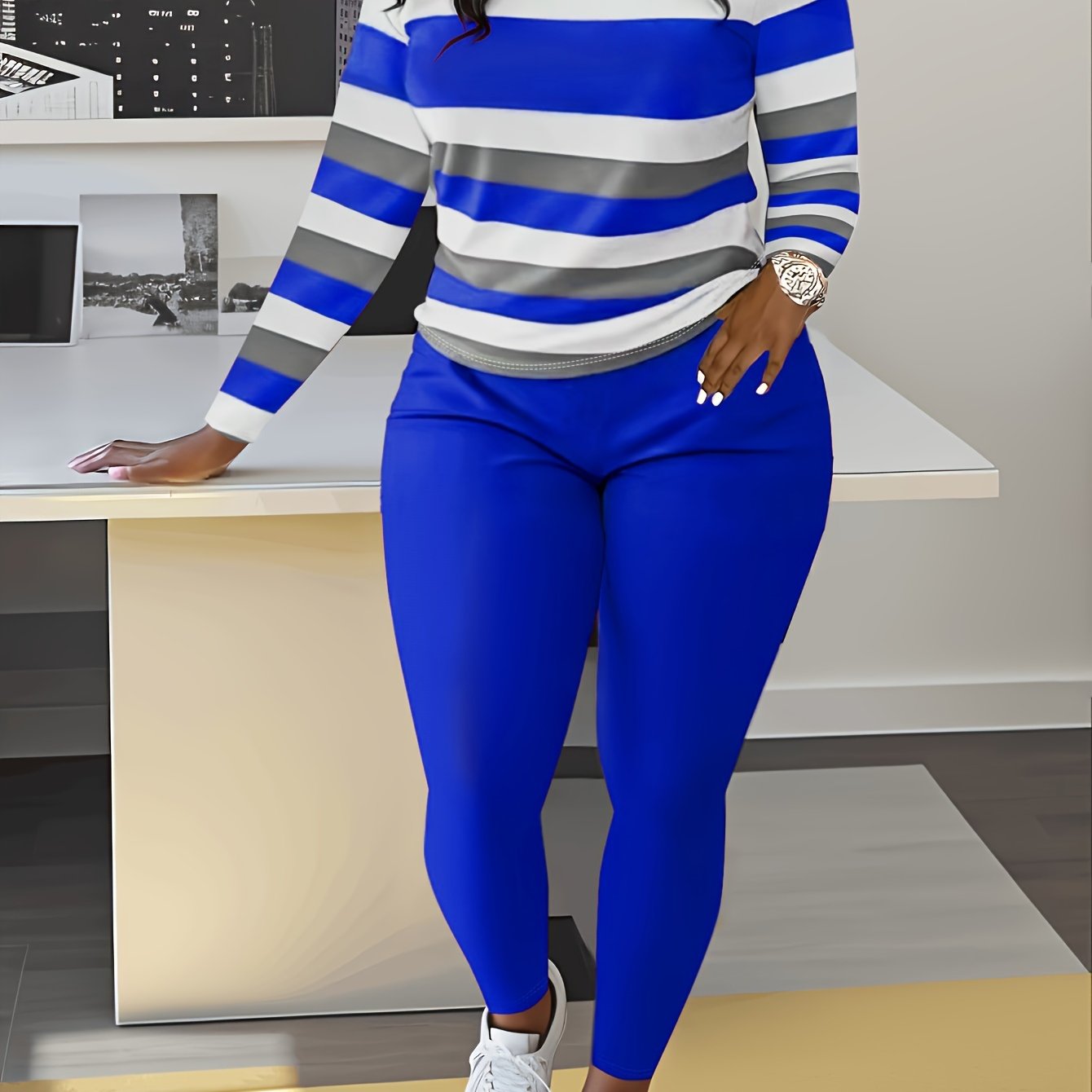 Slim Matching Two-piece Set, Casual Long Sleeve Crew Neck Striped Color Block T-shirt & Solid Elastic Waist Pants Outfits, Women's Clothing