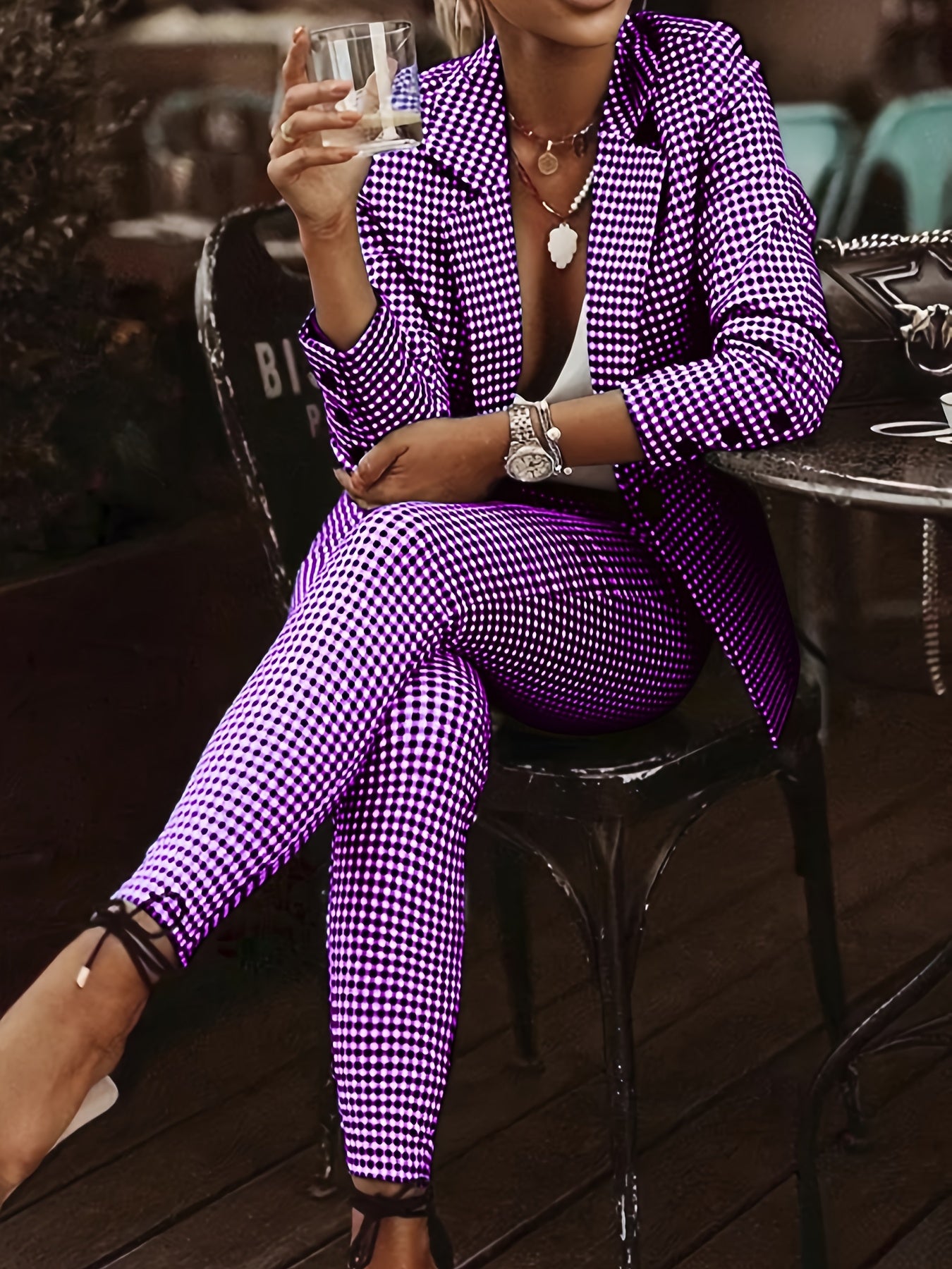 Print Blazer Set Elegant Women's Houndstooth Print Blazer - Casual Polyester Two-Piece with Lapel Collar, Long Sleeves & High-Waisted Pants, Machine Washable - Perfect for Work or Social Outings