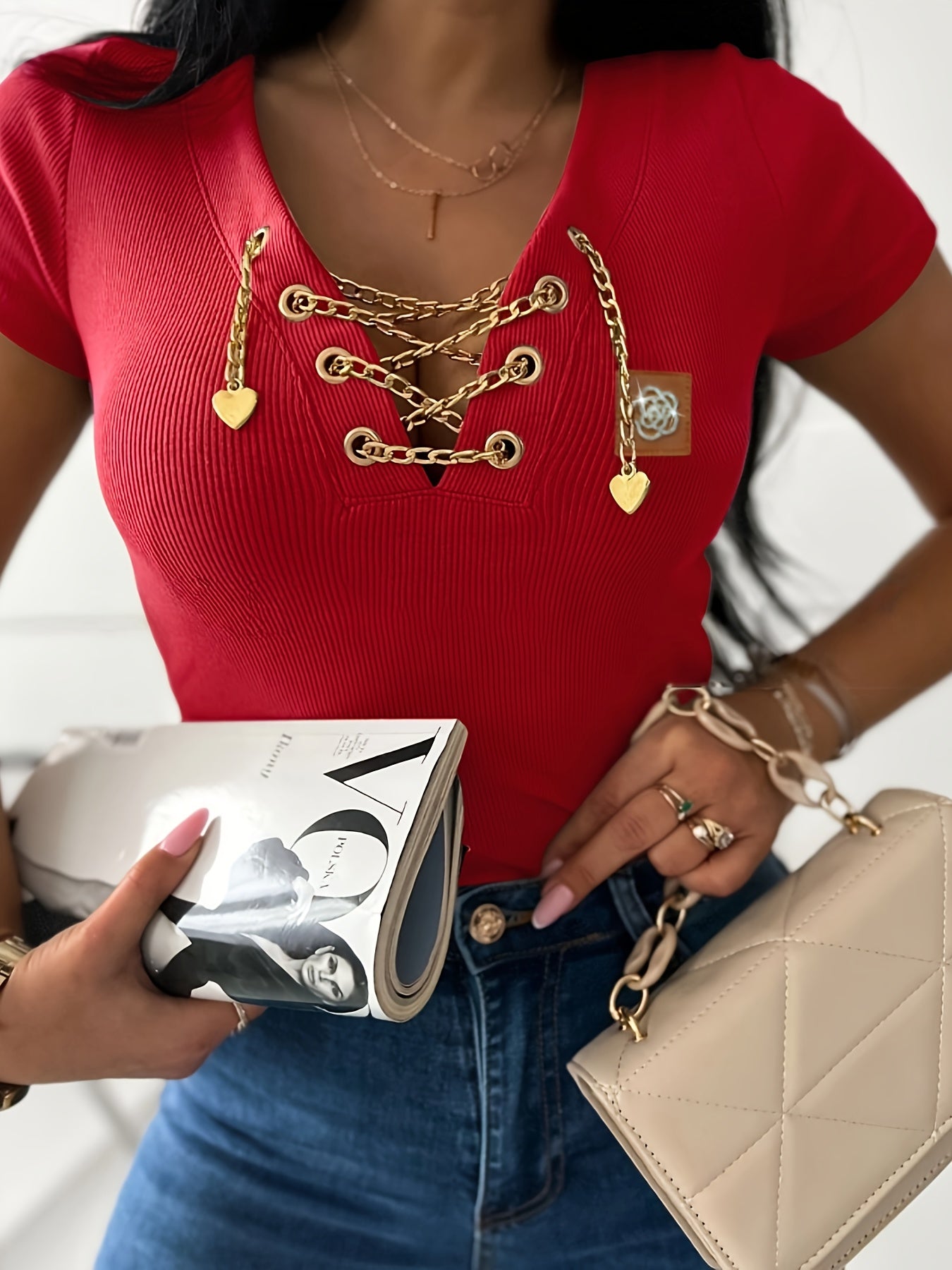 Women's Casual V-Neck T-Shirt | Red Polyester-Spandex Blend | Golden Metal Chain Detail | Slim Fit Short Sleeve | Machine Washable & Dry Clean Safe | Spring/Summer Collection