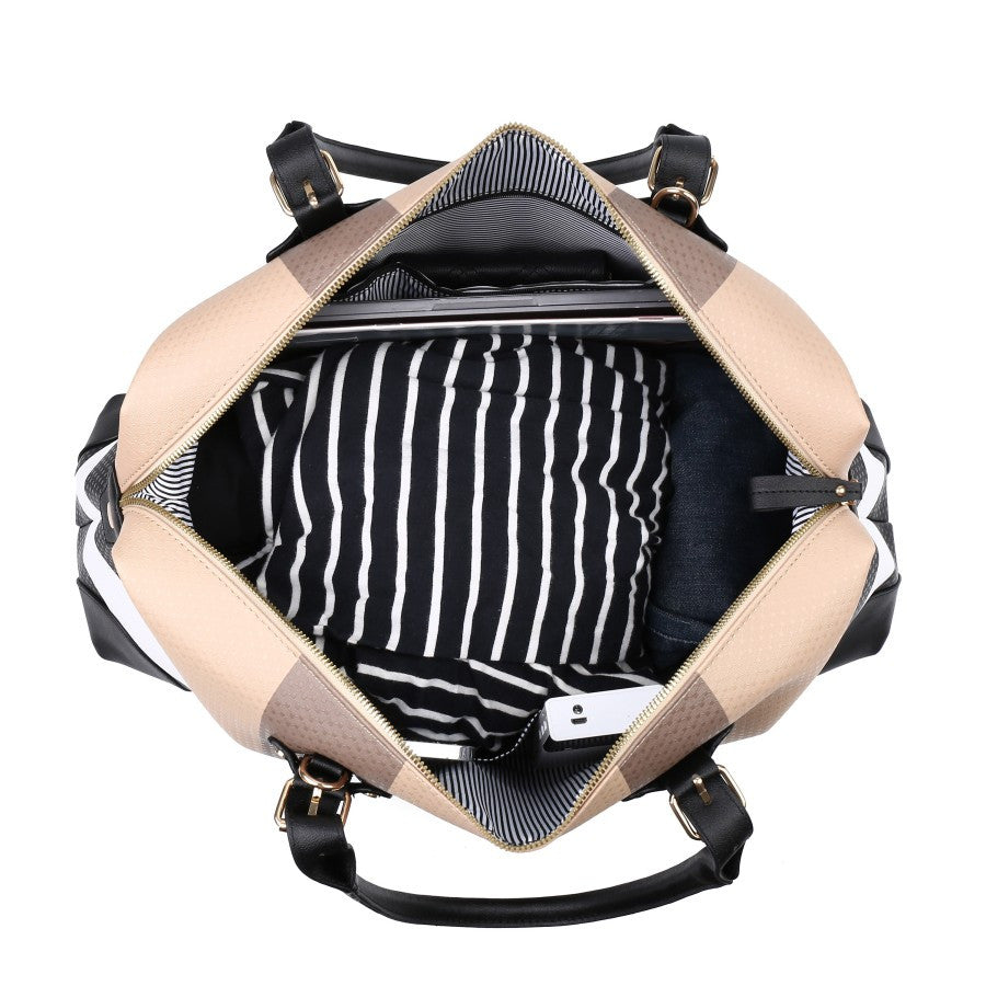PU leather large overnight travel bag striped pattern handbag carry-on luggage bag suitable for vacation, overnight, camping, hiking, sports and fitness
