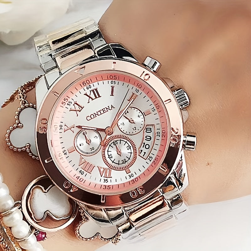 Quartz Watch For Women Stainless Steel Wrist Watch Alloy Pointer With Bracelet Set For Gifts Women daily uses Gifts For Eid