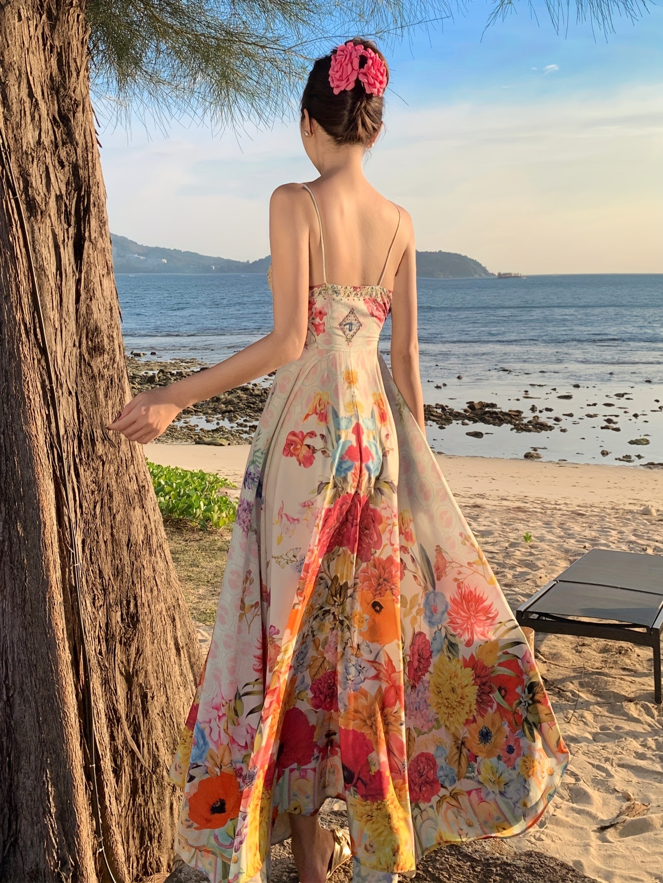 Women's Vibrant Floral Print Sleeveless Maxi Dress with Tropical V-Neck and Ruffled Hem - Perfect for Summer Vacations and Beach Outings, Vacation Attire | Fitted Waist, Beach Dress