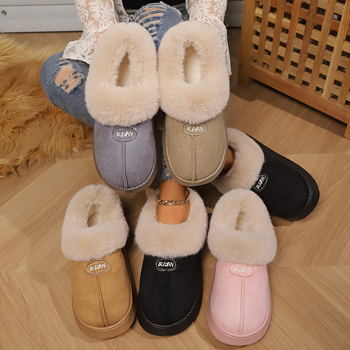 Winter Warm Fleece Slippers, Casual Solid Color Indoor Home Comfort Slip-Resistant Quiet Short Boots, All-Season Fabric Upper/Inner with EVA Sole and Fabric Insole