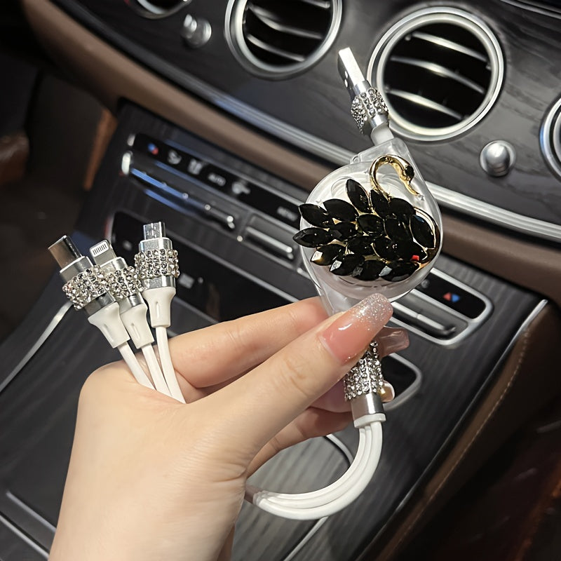 [3-in-1 Fashion USB Charging Cable] 1pc Durcord 3-in-1 Fashion USB Charging Cable, Rhinestone Embellished, Compatible with iPhone 16/15/14/13/12/11, Vivo, Oppo, Xiaomi, Huawei - Trendy Street Style Data Cord without Battery