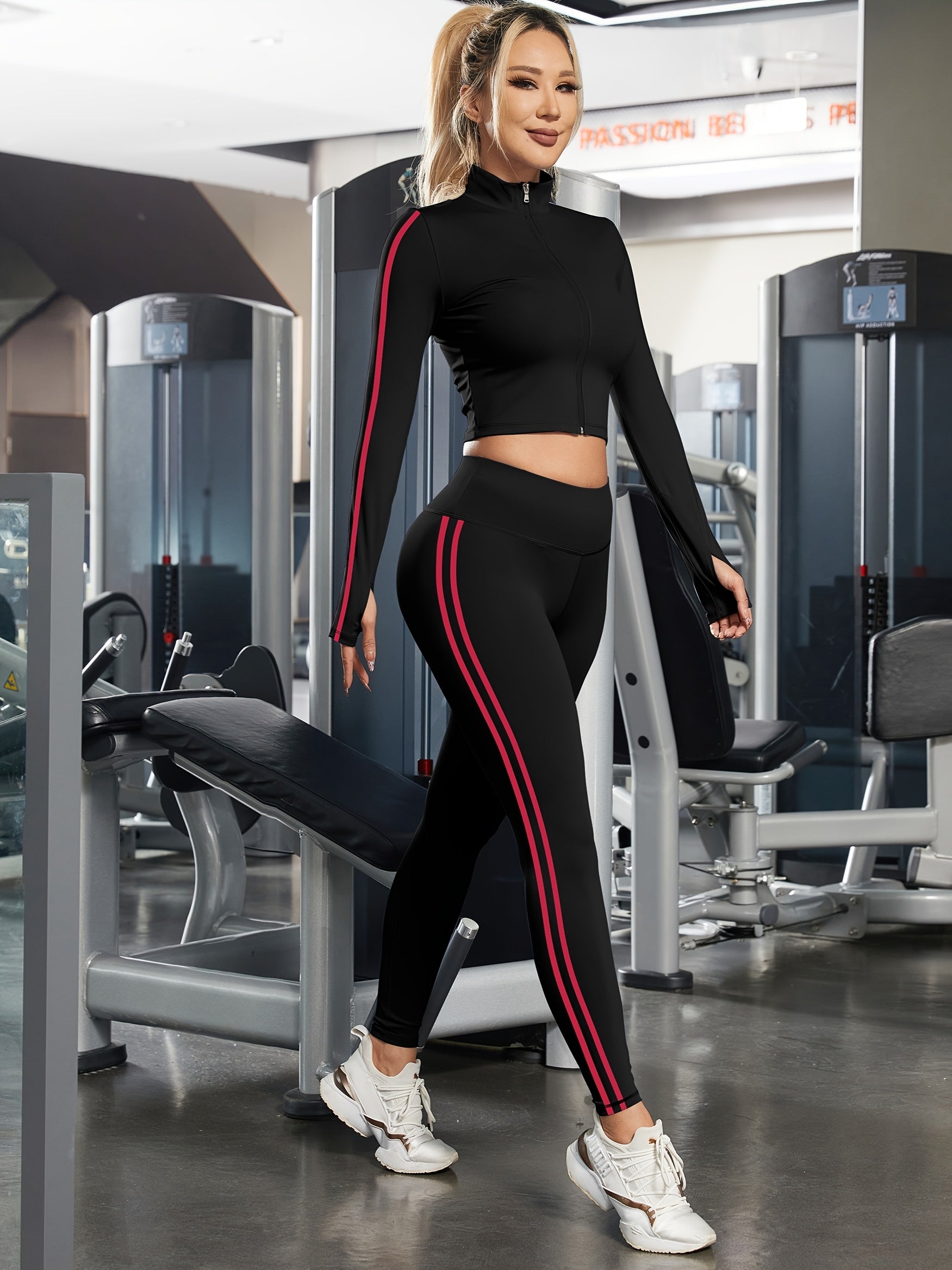 This set includes Women's long-sleeved stand-up collar zippered sportswear and fashionable side-striped tights, high-elastic sports top and high-waisted leggings, suitable for training and running yoga wear. It includes one f