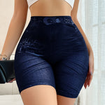 Women's Mid-Thigh Length Navy Blue Faux Denim Shorts - Stretchy, High-Waisted with Slash Pockets, Comfortable Jacquard Pattern Leggings for Casual Attire, Jean Shorts, Stylish Layering | Highwaisted Design | Stretchy Fabric