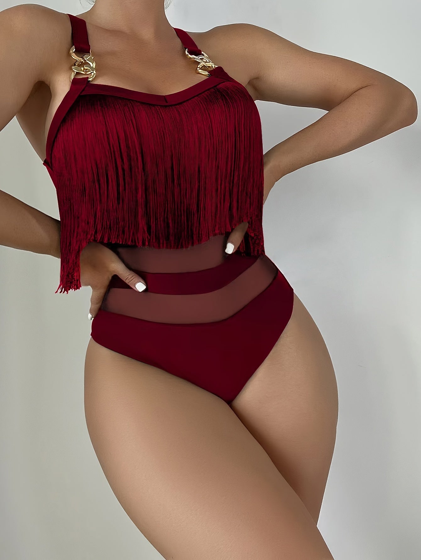 Solid Color Sexy One-piece Swimsuit, Fringe Trim Contrast Mesh Metal Chain Decor Bathing Suits, Women's Swimwear & Clothing