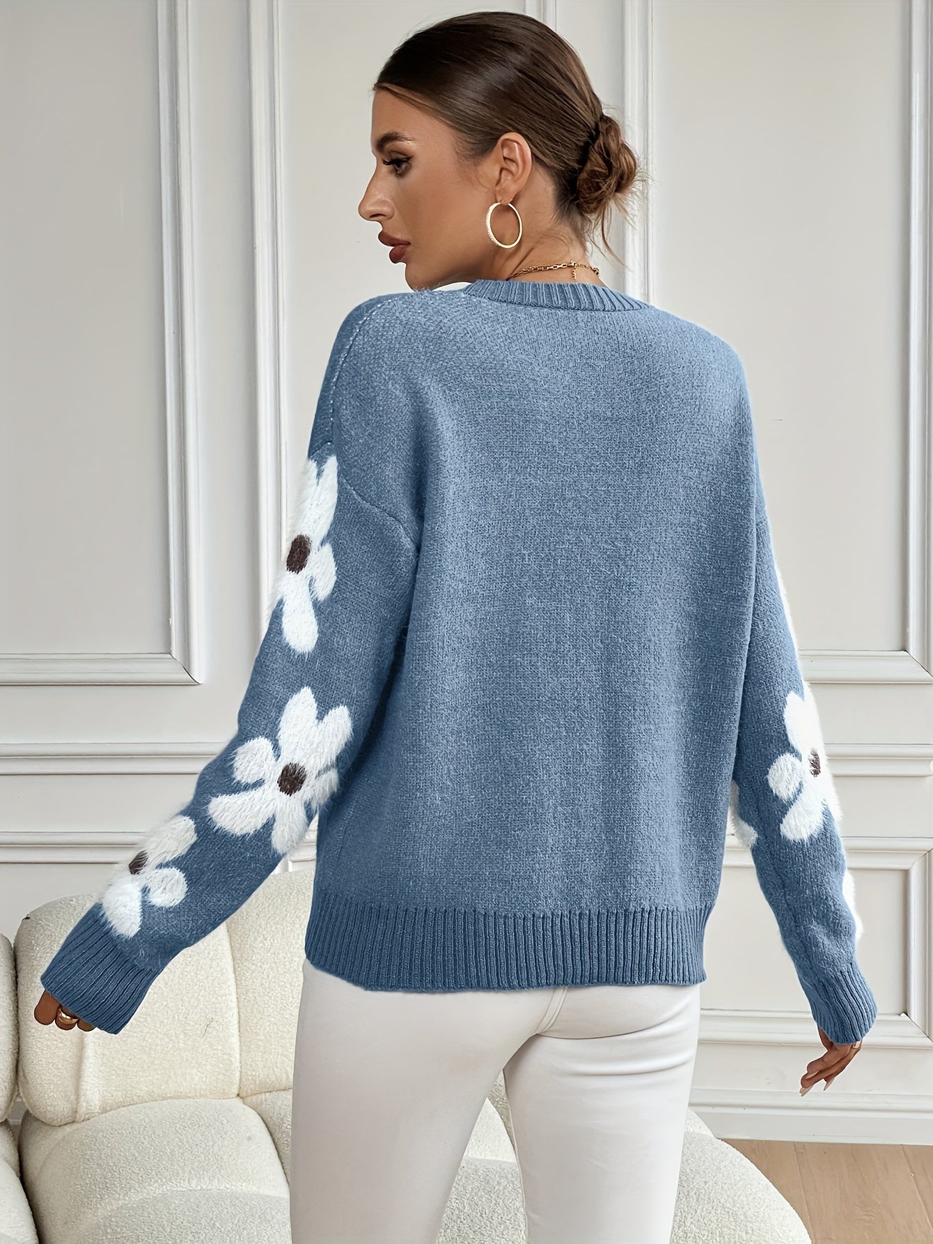 Floral Pattern Round Neck Sweater, Cute Drop Shoulder Long Sleeve Sweater For Fall & Winter, Women's Clothing