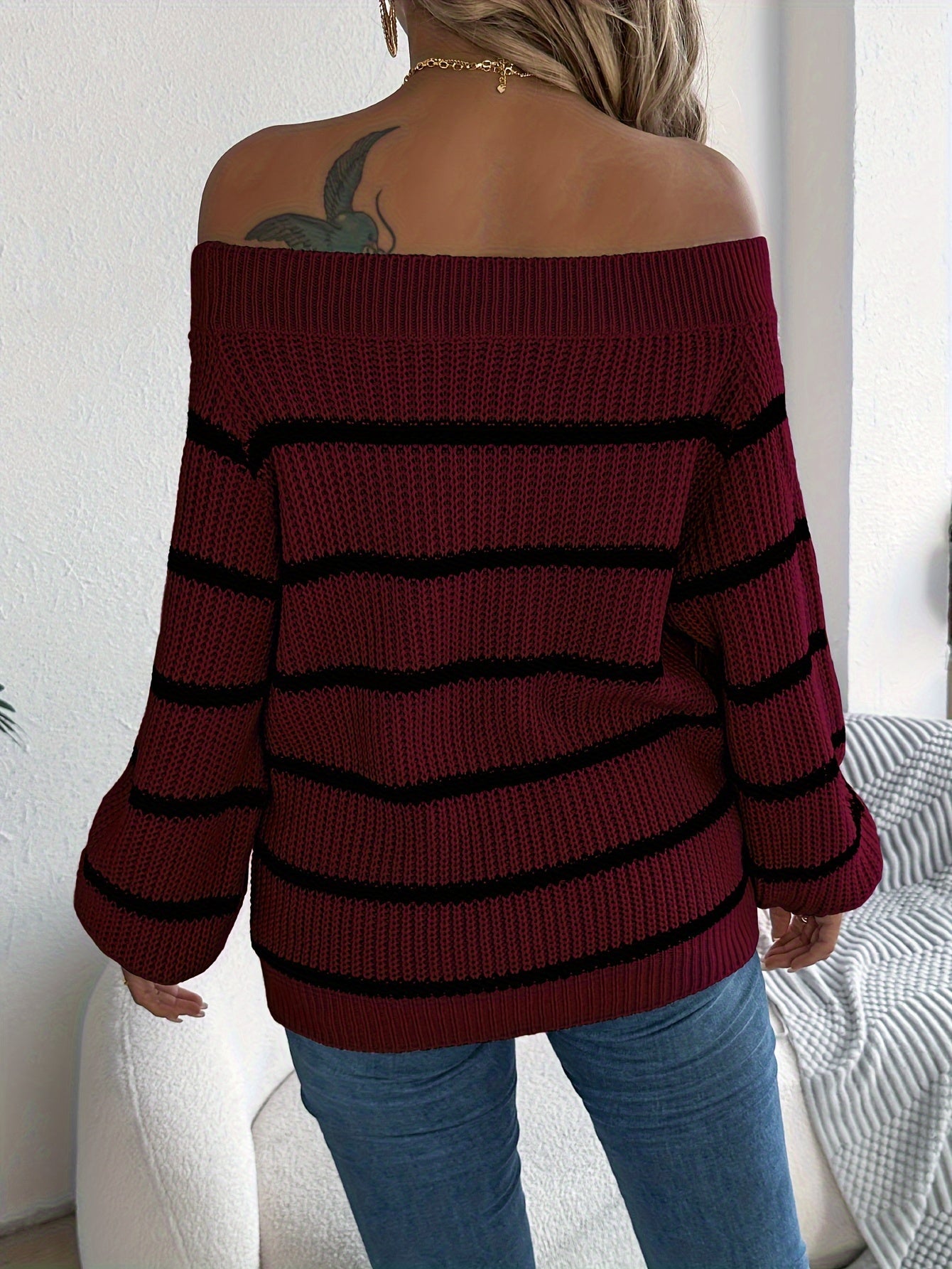 Women's Elegant Striped Off-Shoulder Knit Sweater, Casual Long Sleeve Pullover, Polyester, Fall/Winter Fashion, Ladies' Fashion Knitwear