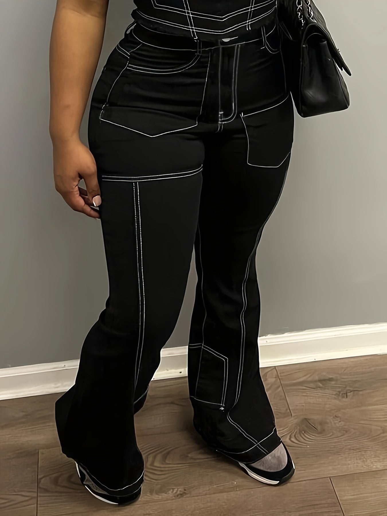 Women'S High-Waist Slimming Cargo Pants with Fashionable Chest Line Detail - Black, Casual Style for All Seasons