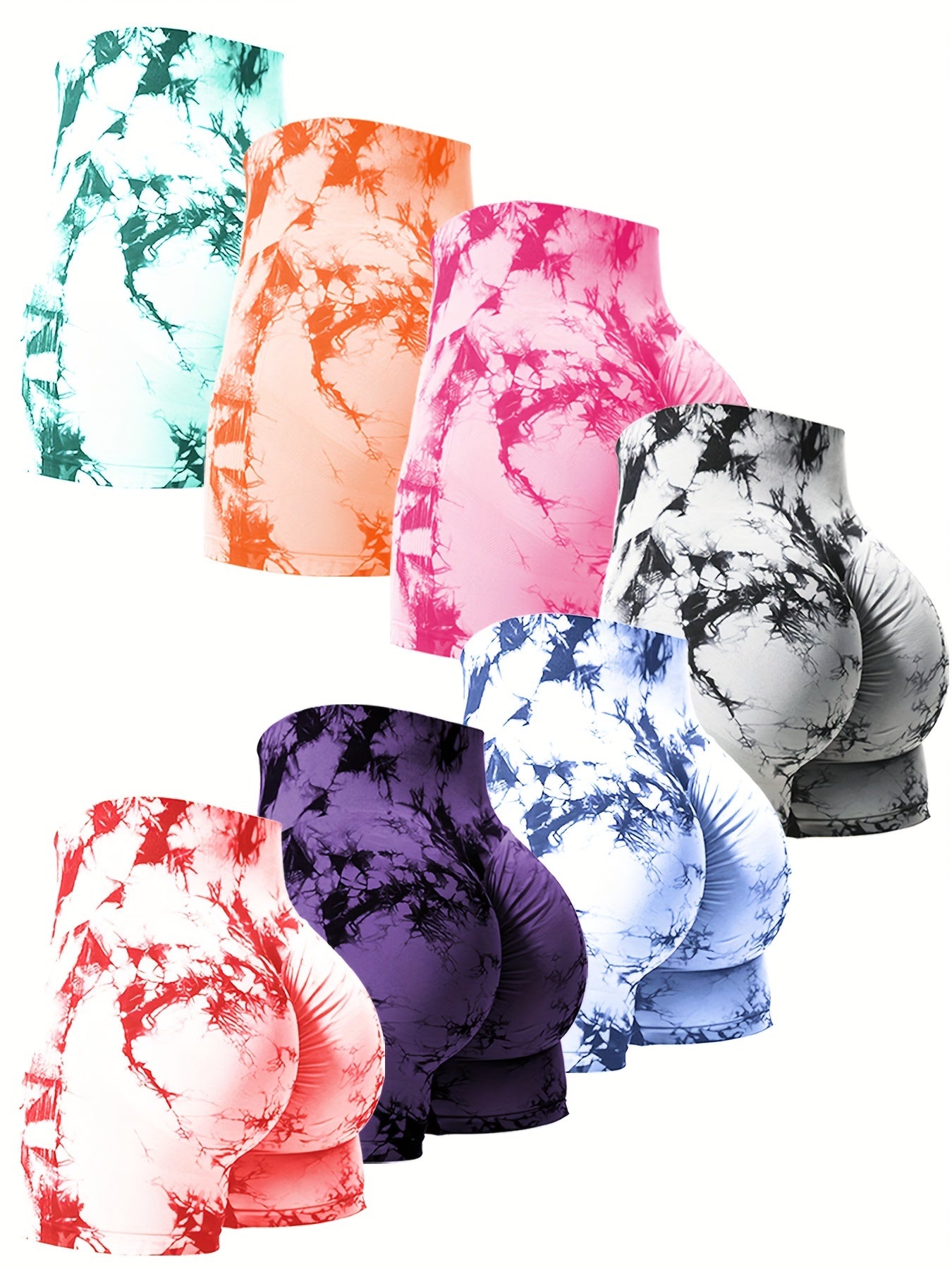 Set Of 7 High Waist Belly Control Shaping Shorts, Tie-dye Yoga Peach Hip-lifting, Compression Fit For Gym And Outdoor Summer Activities, Multi-color Combination Set