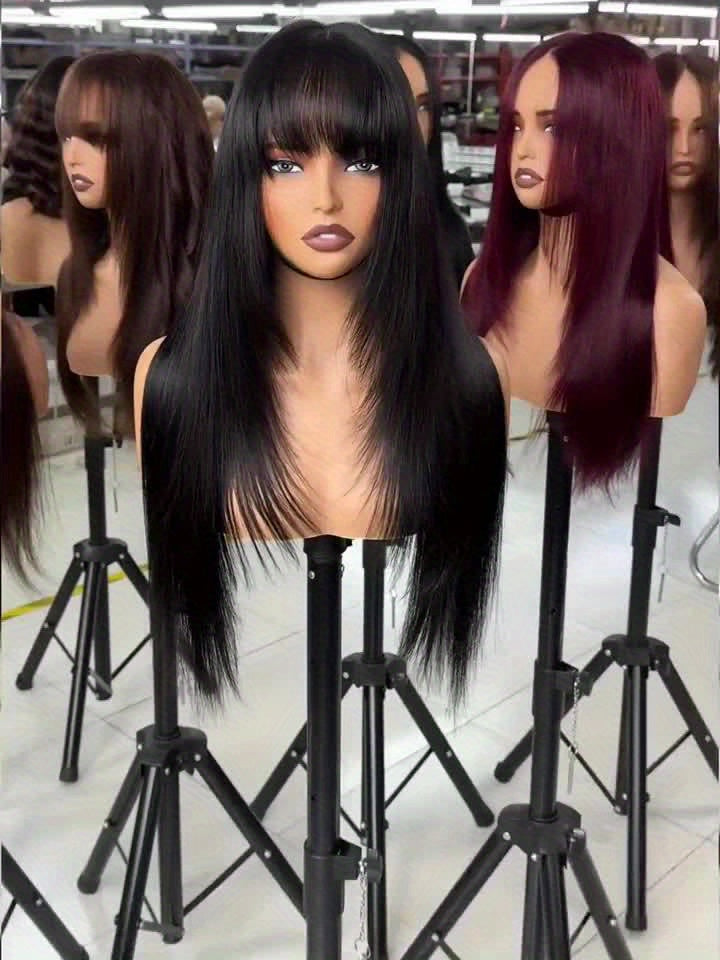 26" Long Straight Layered Wig with Bangs - Natural Black Synthetic Hair, Glueless Put-On Style, High-Temperature Fiber, Pixie Cut for Women, Perfect for Casual Attire