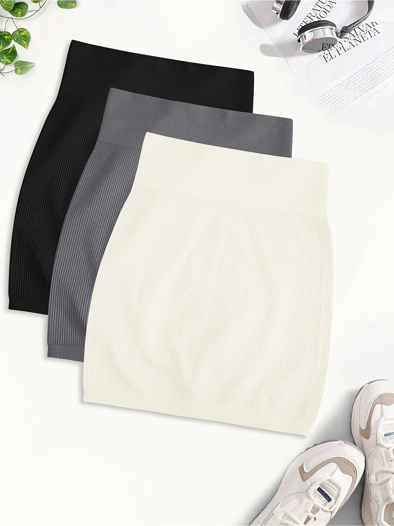 3pcs Women's Seamless High-Waisted Sports Skirts, Solid Color Knit Fabric, Rib-Knit Detail, Bodycon Fit, Stretchy Polyamide 90% Elastane 10%, All-Season Casual Wear