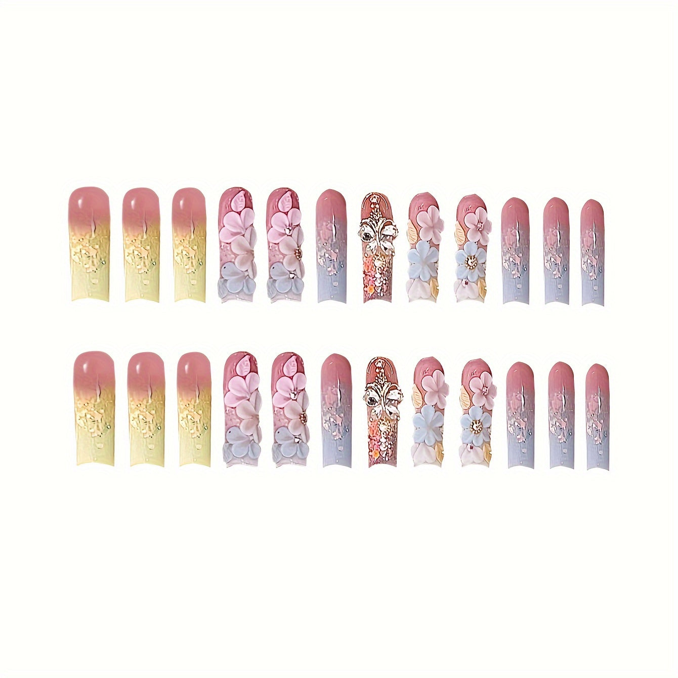 48pcs Luxe Press-On Nail & Toenail Set with 3D Floral, Butterfly & Rhinestone Accents - Includes Jelly Glue & Nail File for Easy Application - Perfect for Women and Girls